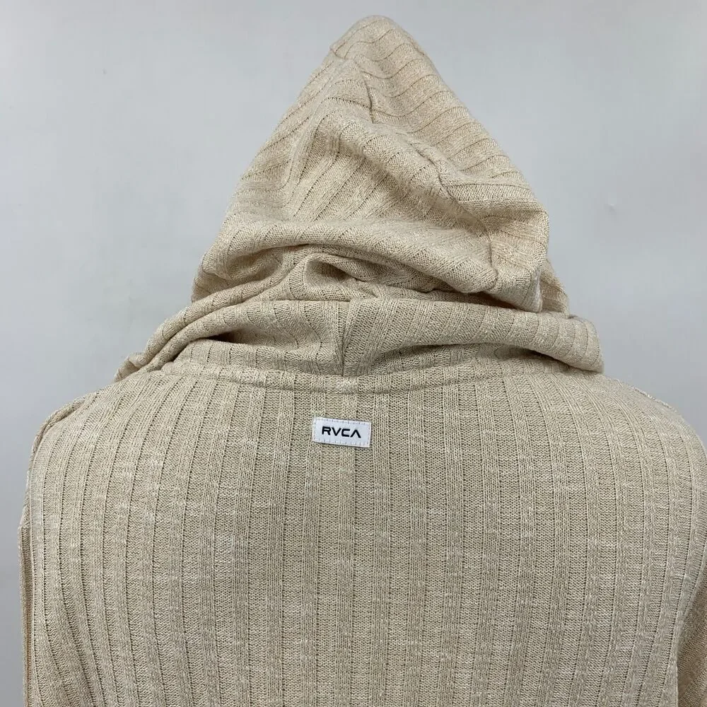 RVCA Cropped Hoodie Women L Large Beige V Neck Knit Pullover Long Sleeve Sweater